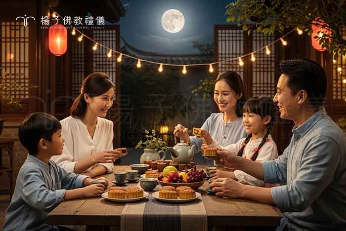 中秋節是是華人四大節日之一 。不論身處何地，人們都會趕回家與家人團聚 。這也是為什麼中秋節又被稱為「團圓節」 ，人們會一同吃月餅、賞月 。｜楊子佛教禮儀公司