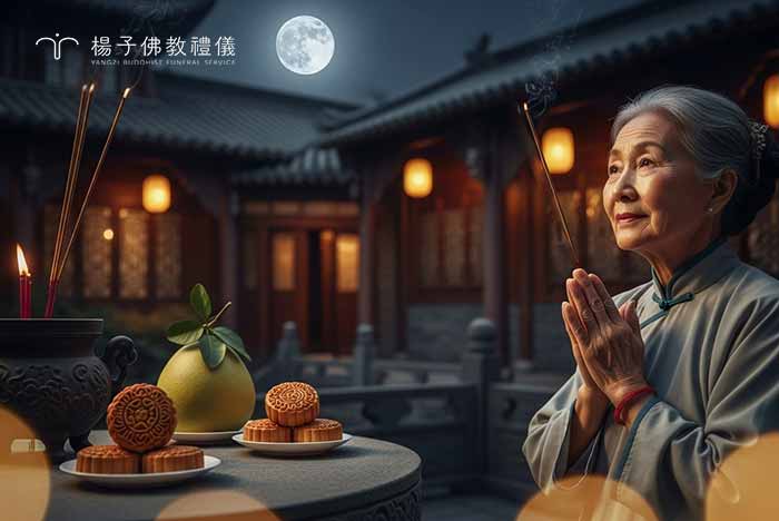 中秋節這個秋季豐收日，不僅是人們祭拜神明的日子，同時也有人會在此時祭祀祖先 。因此，中秋節被視為一個感謝神明恩惠、同時也感謝祖先的「感恩日」 。｜楊子佛教禮儀公司