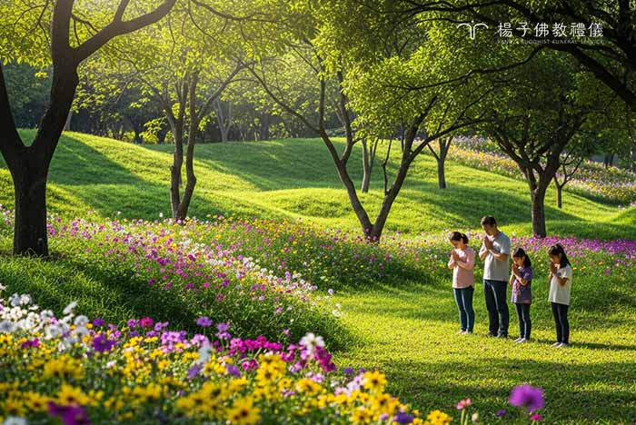 綠色殯葬不立碑、不造墳，僅以繁花綠意相伴。逝者化作春泥回歸大地懷抱，讓生命循環不息。守護土地永續精神，讓愛在自然中長存。｜楊子佛教禮儀公司